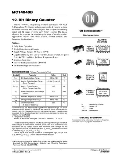 ON Semiconductor MC14040B 12-bit Binary Counter Datasheet - cover page