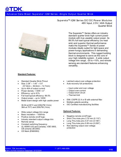 TDK Innoveta iQM48040A025V DC/DC Power Module Datasheet - cover page