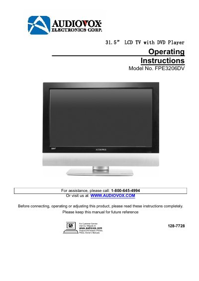 Audiovox FPE3206DV 31.5" LCD TV with DVD Player Operating Instructions - cover page