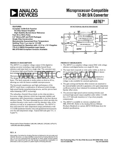 Analog Devices AD767 12‑Bit DAC Datasheet - cover page