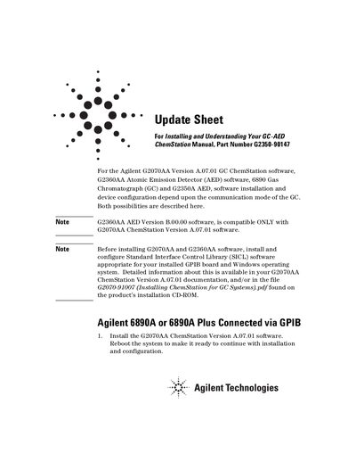 Agilent G2350A AED and G2070AA ChemStation Installation Update Sheet - cover page