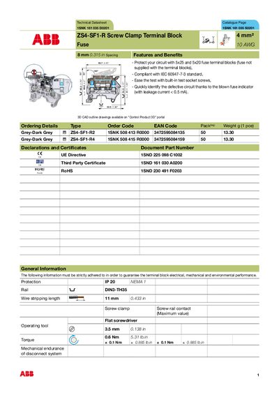 ABB ZS4-SF1-R Screw Clamp Terminal Block Technical Datasheet - cover page