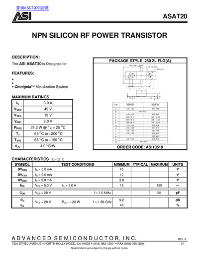 ASI ASAT20 NPN Silicon RF Power Transistor Datasheet - cover page