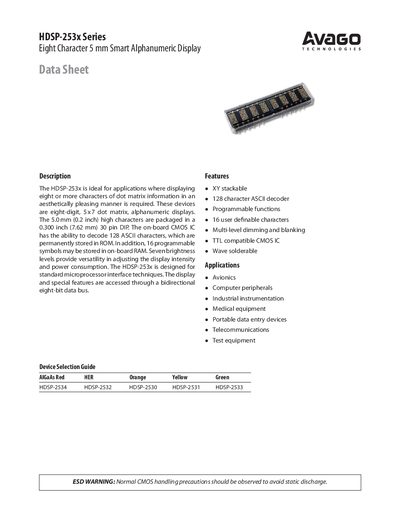 Avago HDSP-253x Series 5 mm Smart Alphanumeric Display Datasheet - cover page