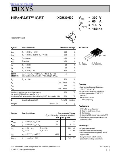 IXYS IXGH30N30 IGBT Module Preliminary Data Sheet - cover page