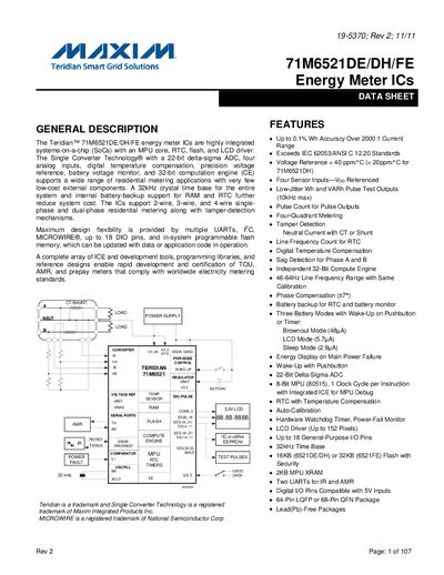 Maxim 71M6521DE/DH/FE Energy Meter ICs Data Sheet - cover page