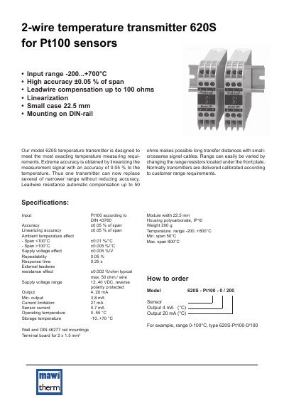 Nokeval 620S 2-wire Temperature Transmitter Data Sheet - cover page