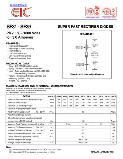 EIC SF31 - SF39 Super Fast Rectifier Diodes Datasheet - cover page