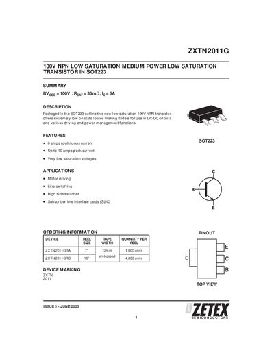 Zetex ZXTN2011G Transistor Datasheet - cover page