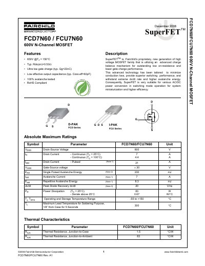 Fairchild Semiconductor FCD7N60/FCU7N60 600V N-Channel MOSFET Datasheet - cover page
