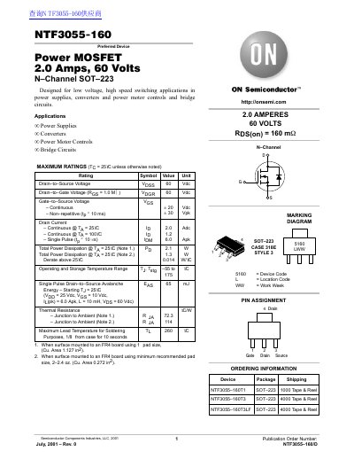 ON Semiconductor NTF3055-160 Power MOSFET Datasheet - cover page