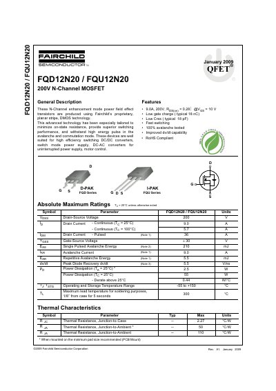 Fairchild Semiconductor FQD12N20/FQU12N20 200V N-Channel MOSFET Datasheet