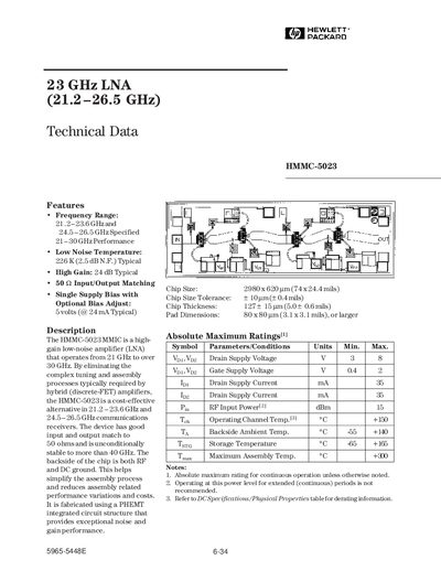 Hewlett Packard HMMC-5023 LNA Technical Data Sheet - cover page