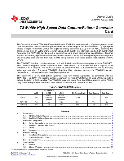 Texas Instruments TSW1400 High Speed Data Capture/Pattern Generator Card User Guide - cover page