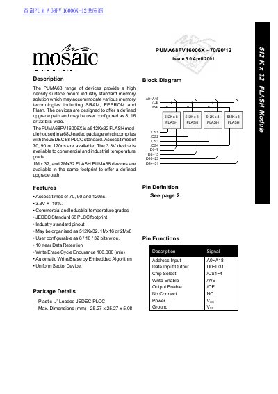 Mosaic Semiconductor PUMA68FV16006X Flash Memory Datasheet - cover page