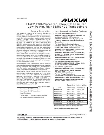 MAXIM MAX481E/MAX483E/MAX485E/MAX487E MAX491E/MAX1487E &plusmn;15kV ESD-Protected Slew-Rate-Limited Low-Power RS-485/RS-422 Transceivers handbook - cover page