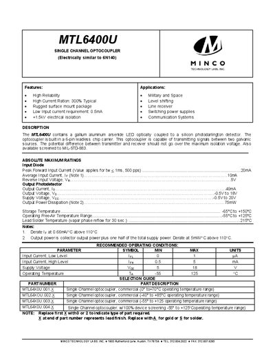 MINCO MTL6400U SINGLE CHANNEL OPTOCOUPLER (Electrically similar to 6N140) - cover page