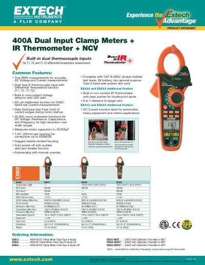 Extech EX613/EX622/EX623 400A Dual Input Clamp Meter + IR Thermometer - cover page