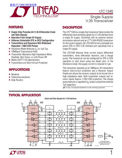 Linear Technology LTC1345 V.35 Transceiver Datasheet - cover page
