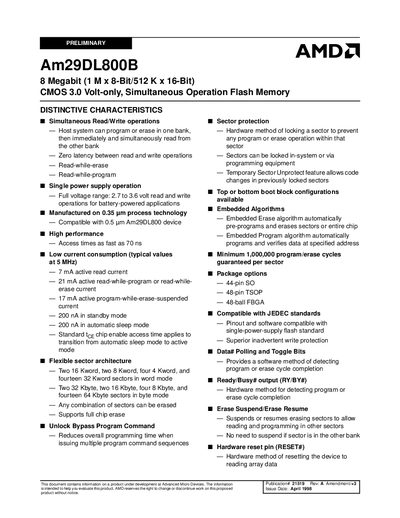 AMD Am29DL800B 8 Megabit (1 M x 8-Bit/512 K x 16-Bit) CMOS 3.0 Volt-only Simultaneous Operation Flash Memory - cover page