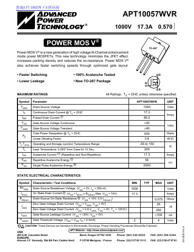 ADVANCED POWER TECHNOLOGY EUROPE APT10057WVR 1000V 17.3A 0.570 handbook - cover page