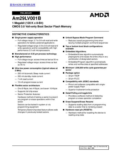 AMD Am29LV001B Flash Memory Datasheet - cover page