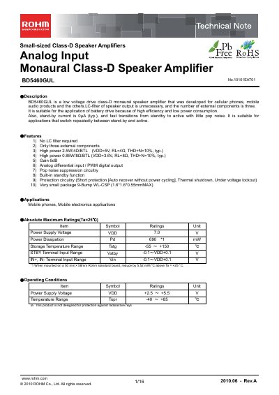 ROHM BD5460GUL Class‑D Speaker Amplifier Datasheet - cover page