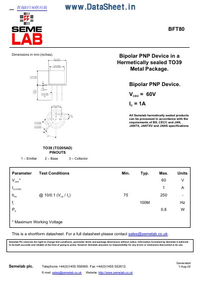 Semelab BFT80 Bipolar PNP Device Datasheet - cover page