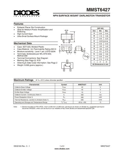 Diodes MMST6427 NPN Surface‑Mount Darlington Transistor Datasheet - cover page