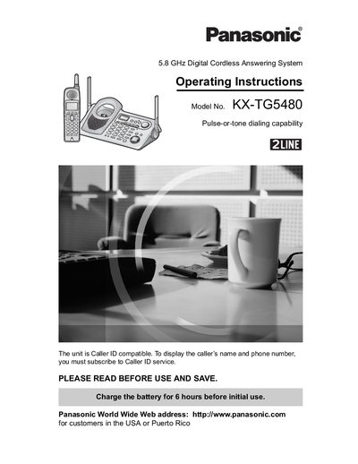 panasonic 5.8 GHz Digital Cordless Answering System KX-TG5480 Operating Instructions  - cover page