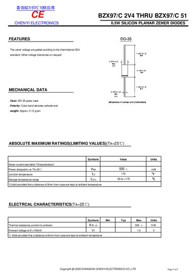 CHENYI ELECTRONICS BZX97/C 2V4 THRU BZX97/C 51 0.5W SILICON PLANAR ZENER DIODES - cover page