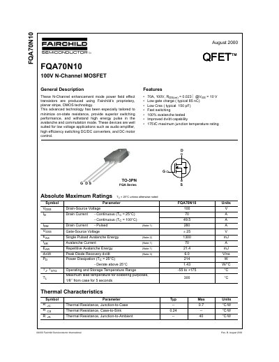 Fairchild FQA70N10 N-Channel MOSFET Datasheet - cover page