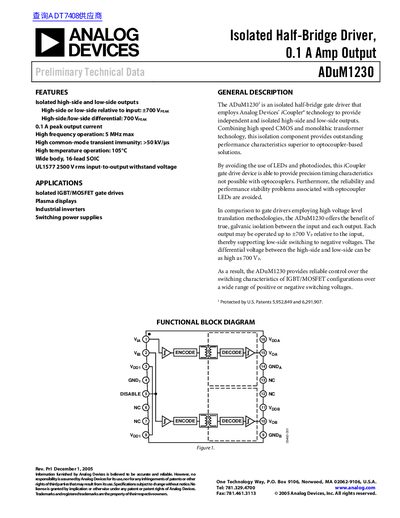 Analog Devices ADuM1230 Isolated Half-Bridge Driver Datasheet - cover page