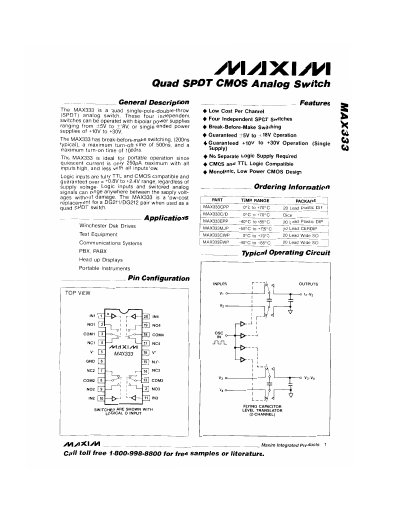 Maxim MAX333 Quad SPDT CMOS Analog Switch Datasheet
