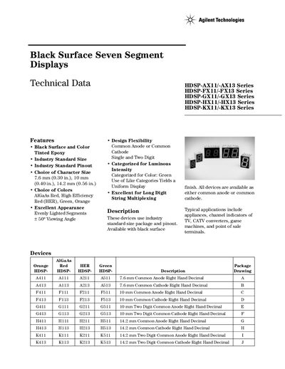 Agilent HDSP-HX11/HDSP-HX13 Series Seven Segment Display Datasheet - cover page