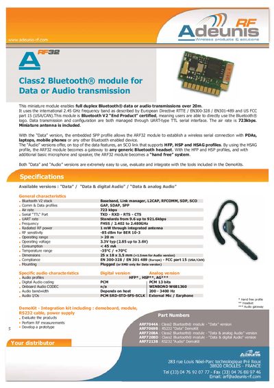 ADEUNIS ARF32 Class2 Bluetooth Module Data Sheet - cover page