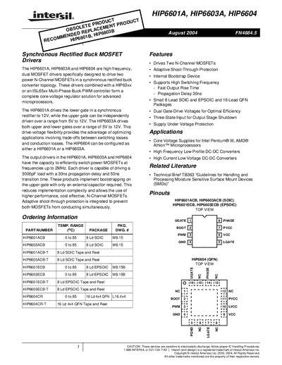 Intersil HIP6601A / HIP6603A / HIP6604 Dual MOSFET Driver Datasheet - cover page