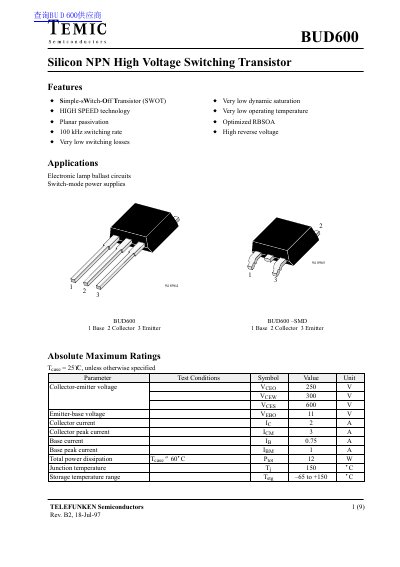 TEMIC BUD600 Silicon NPN High Voltage Switching Transistor Datasheet - cover page