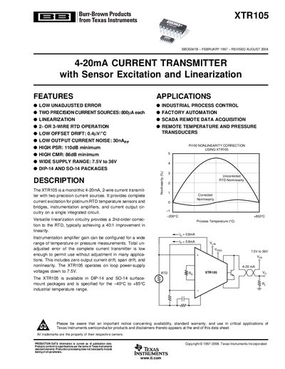 Texas Instruments XTR105 4-20mA Current Transmitter Datasheet - cover page