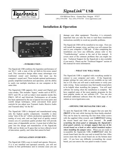Tigertronics SignaLink TM USB 154 Installation and Operation Manual - cover page