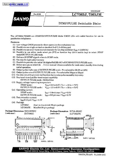 Sanyo LC7363J/LC7363JM DTMF/Pulse Switchable Dialer Datasheet - cover page