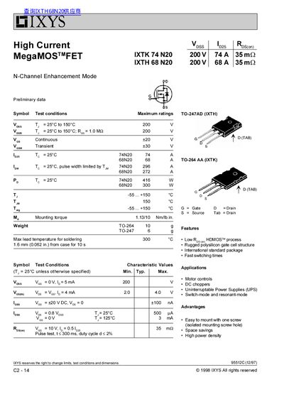 IXYS IXTH68N20/IXTK74N20 N-Channel MOSFET Datasheet - cover page