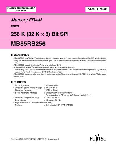 Fujitsu MB85RS256 FRAM CMOS 256K SPI Memory Data Sheet - cover page