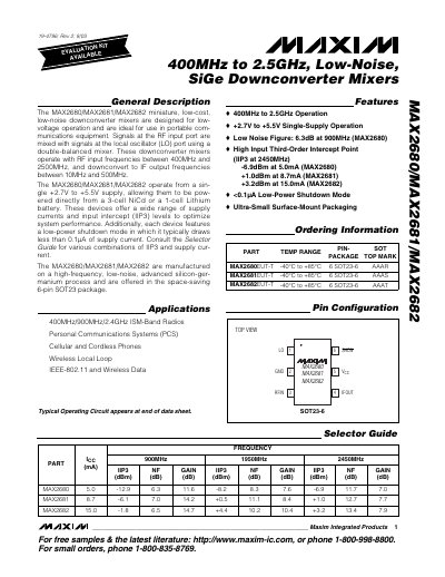 Maxim Integrated MAX2680/MAX2681/MAX2682 Downconverter Mixer Datasheet - cover page