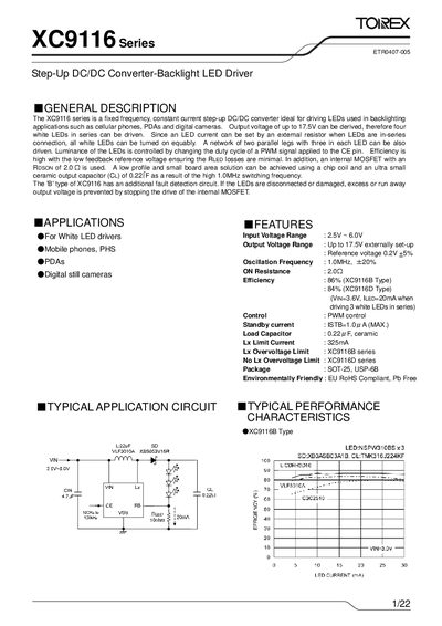 Torex XC9116 Series Step-Up DC/DC Converter Backlight LED Driver Datasheet - cover page