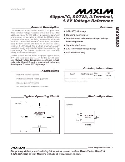 MAXIM MAX6520 50ppm/&deg;C SOT23 3-Terminal 1.2V Voltage Reference handbook - cover page