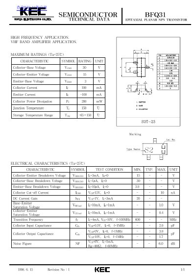 KEC BFQ31 Epitaxial Planar NPN Transistor Datasheet - cover page