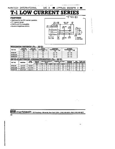 Marktech T-1 Low Current Series LED Datasheet - cover page