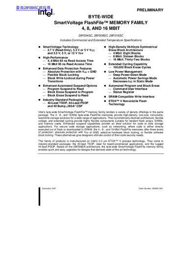 Intel 28F004SC/08SC/016SC Byte-Wide SmartVoltage FlashFile Memory Datasheet - cover page