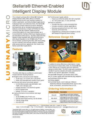 Luminary Micro Stellaris MDL-IDM Ethernet-Enabled Intelligent Display Module Product Data Sheet - cover page